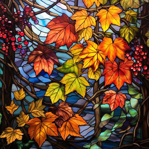 Stained glass window, Autumn Leaves, Blues and Oranges Stained Glass Autumn Leaves, Window Autumn, Nouveau Illustration, Stain Glass Window Art, Window Stained, Stained Glass Patterns Free, Artistic Ideas, Jobs In Art, Art Nouveau Illustration