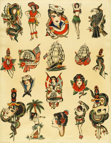 Christian Warlich. 'Tattoo flash sheet by Christian Warlich, Hamburg' c. 1930 Christian Warlich, Hula Girl Tattoos, Flash Art Tattoos, Berg Tattoo, Canvas Tattoo, Vintage Tattoo Art, Traditional Tattoo Old School, Sailor Tattoos, Vintage Tattoo Design