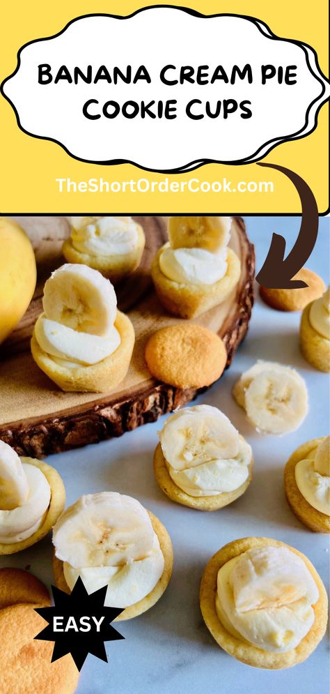 Sugar cookie cups filled with banana pudding cream and topped with fresh banana slices. Banana Pudding Bites, Mini Banana Cream Pies, Banana Pudding Cookie Cups, Mini Banana Pudding Cups, No Bake Mini Banana Cream Pie, Banana Cream Pie Cups, Banana Cream Pie Cookie Cups, Mini Banana Cream Pie, Homemade Banana Cream Pie