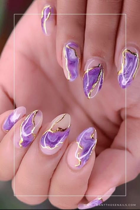 Ombre Nail Art Designs Purple, Nail Art Ideas Purple, Amethyst Acrylic Nails, February Birthday Nails Short, Acrylic Nail Designs Birthday Art Ideas, Nail Designs Purple And Gold, Purple White Nails Designs, Purple Manicure Designs, Wedding Purple Nails