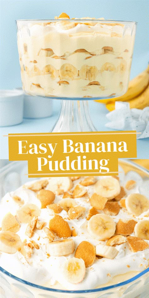 This easy banana pudding recipe is like that classic banana pudding your grandma always made. Made in a trifle bowl with layer after layer of vanilla wafers, ripe bananas, creamy instant vanilla pudding mix, and cool whip to top it off. French Vanilla Pudding Recipes, Easy Banana Pudding Recipe Simple, Quick Banana Pudding, Nana Pudding, Vanilla Wafer Banana Pudding, Nilla Wafer Banana Pudding, Pudding Salad, Easy Banana Pudding Recipe, Banana Recipes Easy