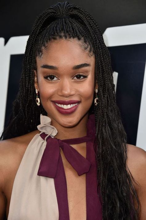 Ways To Wear Box Braids, Tiny Box Braids, Tiny Braids, Braid Hairstyles For Black Women, Micro Braids Hairstyles, Long Braided Hairstyles, Laura Harrier, Berry Lipstick, Side Braid Hairstyles