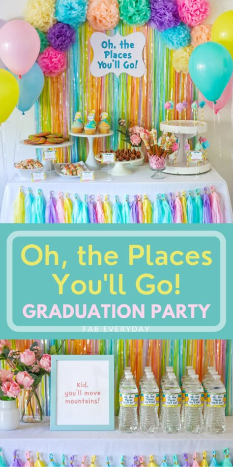 Preschool Graduation Themes, Dr Seuss Graduation Party, Prek Graduation Ideas, Kindergarten Graduation Party Ideas, Tk Graduation, Kindergarten Grad Party, Colorful Graduation Party, Kindergarten Graduation Themes, Daycare Graduation