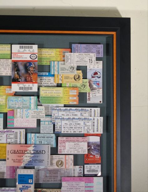 But with pictures from the concerts amongst the tickets. Display Concert Tickets, Autograph Display Ideas, Concert Ticket Display Ideas, Ticket Stubs Display, Concert Tickets Display, Concert Poster Display, Disneyland Decor, Concert Ticket Display, Ticket Collage