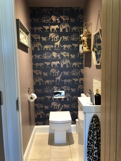 Cloke Room Toilet, Downstairs Toilet Ideas Quirky Wallpaper, Maximalist Downstairs Toilet, Narrow Downstairs Toilet Ideas, Funky Downstairs Toilet, Quirky Downstairs Toilet, Navy Downstairs Toilet, Small Cloakroom Toilet Downstairs Loo, Funky Downstairs Toilet Ideas