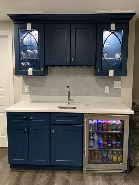 Navy Blue Coffee Bar, Navy Blue Kitchen Cabinets Quartz Countertops, Navy Cabinets Laundry Room, Navy Blue Kitchenette, Kitchenette Blue Cabinets, Navy Kitchenette, Dark Navy Blue Kitchen Cabinets, Navy Blue Wet Bar, Navy Blue Bar Cabinets