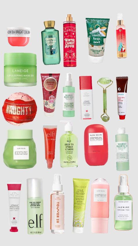 CHRISTMAS COLORED SKINCARE Christmas List Ideas Skincare, Christmas Skincare Aesthetic, Makeup Christmas List, Christmas Makeup Products, Christmas Body Care, Christmas Sephora, Christmas Skin Care, Christmas Room Inspiration, Brrr Basket