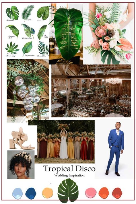 Tropical Disco Wedding, Jungle Wedding Theme, Tropical Reception, Tropical Disco, Botanical Wedding Theme, Colour Mood, Jungle Wedding, Disco Wedding, Fiesta Bridal Shower