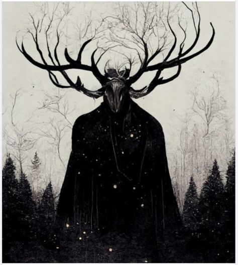 Wendigo Head Drawing, Wendigo Silhouette, Human With Antlers, Deer Man Art, Person With Antlers, Wendigo Aesthetics, Wendigo Pfp, Hooded Figure Art, Wendigo Fanart