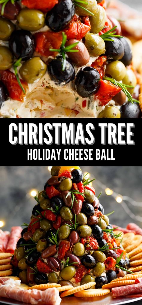 Antipasto Cheese Ball Christmas Tree, Cheeseball Christmas Tree, Christmas Tree Shaped Cheese Ball, Olives Christmas Tree, Antipasto Tree Appetizer, Christmas Cheese Ball Shapes, Xmas Cheese Ball, Charcuterie Board With Cheese Ball, Christmas Cheeseball Ideas