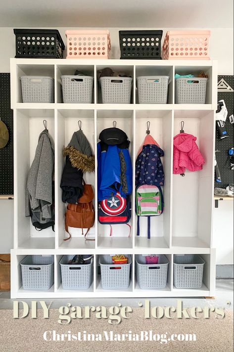 Garage Cubbies Lockers, Lockers For Garage, Diy Ikea Lockers, Garage Storage Lockers, Garage Cubby Storage Diy, Coat And Shoe Storage Entryway Kids, Diy Garage Lockers, Locker Storage Ideas Entryway, Kallax Locker Hack