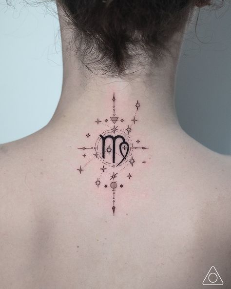 Fine-line geometric tattoo of the Virgo zodiac sign and its constellation, 'The Harvester of Perfection', symbolizing the attention to detail and analytical nature of the sign. Virgo Horoscope Tattoo, Astrology Tattoo Virgo, Virgo Tattoo Designs For Women, Virgo Sign Tattoo, Tattoo Virgo, Virgo Flower, Tattoo On Neck, About Virgo, Virgo Tattoo Designs