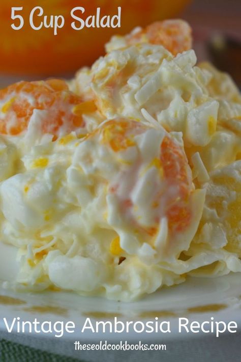 With only five simple ingredients (coconut, sour cream, mandarin oranges, canned pineapple and mini marshmallows), this Ambrosia Salad recipe calls for an equal amount of each ingredient. We recommend you let this marshmallow salad sit in the refrigerator for 24 hours before serving to let the flavors develop, the marshmallows to plump and the texture to set up. Coconut Sour Cream, 5 Cup Salad, Ambrosia Salad Recipe, Marshmallow Salad, Jelly Salad, Congealed Salad, Ambrosia Recipe, Fluff Salad Recipes, Ambrosia Fruit Salad