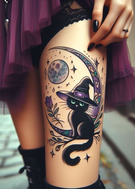 Mystical Wicca Elements Tattoos: Radiate Energy with a Twist | Pocoko Black Cat With Witch Hat Tattoo, Cute Kitty Tattoo, Witchy Back Tattoo Women, Black Cat Witch Tattoo, Witch And Cat Tattoo, Witchy Black Cat Tattoo, Black Cat Moon Tattoo, Cat Tatoos Idea, Mystic Tattoo Magic