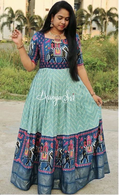 Women Long Frock Design, Full Frock Models, Blue Long Frocks For Women, Long Frock Designs Indian, Crushed Cloth Long Frocks, Latest Long Frock Designs For Women, Pattu Frock Models For Women, New Model Frocks For Women, Long Frocks With Old Pattu Sarees