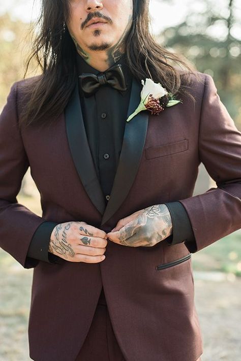 Burgundy And Black Wedding, Black Wedding Ideas, Maroon Tuxedo, White Tuxedo Wedding, Dark Wedding Theme, White Boutonniere, Wedding Tux, Burgundy Tuxedo, Maroon Wedding