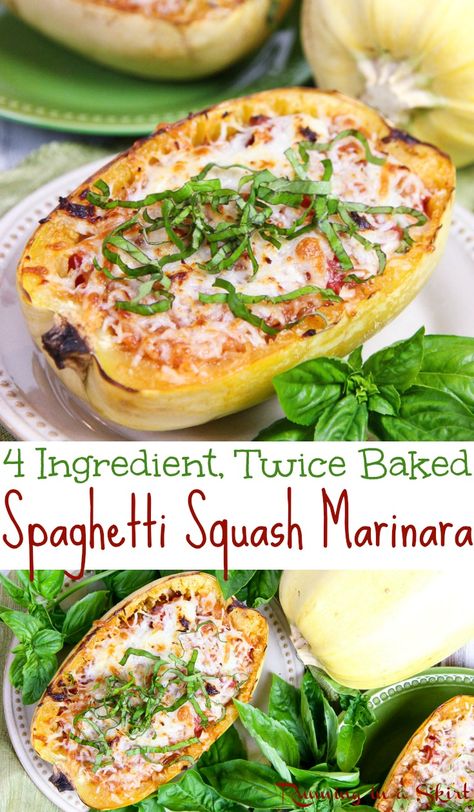 Healthy 4 Ingredient Twice Baked Spaghetti Squash Marinara - with tomatoes and cheese!  This lighter vegetarian baked spaghetti dish is perfect for dinners and meals where you want something easy, simple and low carb.  A fun twist on your favorite comfort foods like baked ziti pasta.  Uses mozzarella, parmesan and basil. Gluten free, vegetarian & low carb. / Running in a Skirt #spaghettisquash  #squash #lowcarb #healthy #vegetarian #recipe #glutenfree via @juliewunder Twice Baked Spaghetti Squash, Twice Baked Spaghetti, Spaghetti Squash Marinara, Marinara Spaghetti, Baked Spaghetti Squash Recipes, Spaghetti Squash Recipes Healthy, Spaghetti Squash Recipes Easy, Tomatoes And Cheese, Spaghetti Squash Lasagna