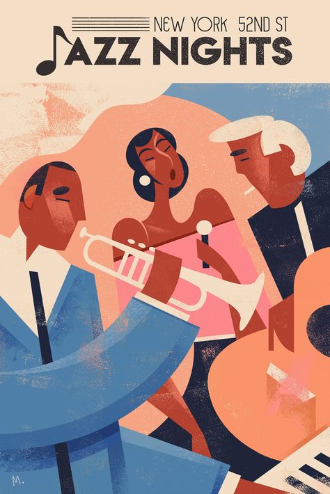 Retro graphic jazz poster print, inspired by classic jazz performance 52nd st in New York from 1930s to 1950s. Frame it with or without mat - makes for a wonderful jazz lover gift to decorate any wall!  This poster is printed on matte, museum-quality, durable, archival paper: * Paper thickness: 10.3 mil * Paper weight: 5.57 oz/y² (189 g/m²) * Giclée printing quality * Opacity: 94% * ISO brightness: 104% Would you like this poster in a different size, or do you have any other questions? Just let Jazz Font Typography Design, Jazz Invitation Design, Jazz Inspired Art, Jazz Band Poster, Black Jazz Art, Jazz Graphic Design, Jazz Artwork, Jazz Music Art, Jazz Performance