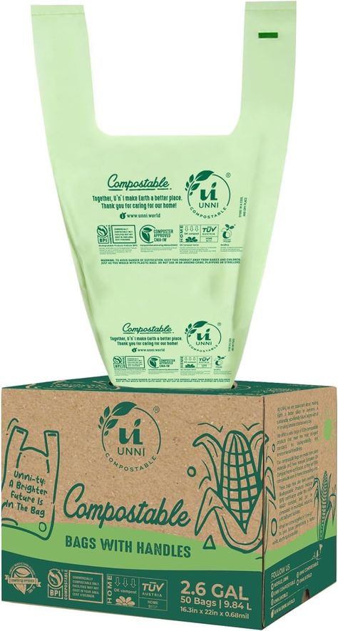 Amazon.com: UNNI Compostable Bags with Handles, 2.6 Gallon, 9.84 Liter, 50 Count, 0.68 Mil, Small Kitchen Food Scrap Waste Bags, T-Shirt Bags, ASTM D6400, US BPI, CMA & OK Compost Home Certified, San Francisco : Health & Household Thank You For Caring, Food Scraps, Compost Bags, Food Storage Bags, Tshirt Bag, Kitchen Food, Small Kitchen, Food Storage, Bag Storage