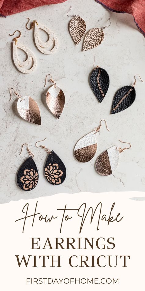 Learn how to make gorgeous earrings with your Cricut machine. This step-by-step tutorial tells you everything you need to know to start making earrings, including the materials, mats, and blades required. Get 10 tips for success in this in-depth article. #cricut #earrings #jewelrymaking #firstdayofhome Free Svg Files For Cricut Faux Leather Earrings, Make Earrings With Cricut, Earrings With Cricut, Earrings Cricut, Cricut Earrings, How To Make Leather, Jump Ring Jewelry, Diy Leather Earrings, Earring Hole