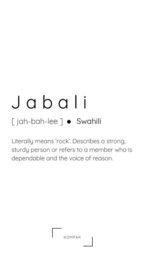 Good morning Monday! We love this swahili word "Jabali" meaning rock. Describes a strong sturdy person, make that you this week! x African Words Tattoo, African Language Tattoo, Beautiful African Words And Meanings, Beautiful African Words, Swahili Words And Meanings, African Words And Meanings, Beautiful Swahili Words, Swahili Aesthetic, Swahili Tattoo