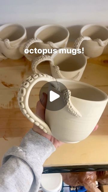 Murphy Pottery on Instagram: "So many in progress!! These take literally so long to make but it’s a labor of love and I’m learning they are a fan favorite :) this is a new kind of clay I’ve never used before- after firing it will be white with black speckles 🤩🤩  #pottery #octopus #ceramics #handmade #drinkware #handmademug" Ceramic Mug Ideas Handmade, Octopus Ceramics, Pottery Octopus, Octopus Pottery, Ceramic Mugs Handmade, Ceramic Octopus, Clay Octopus, Octopus Mug, Mug Clay