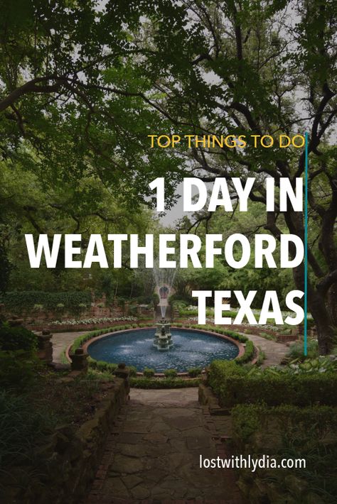 How to spend a day in Weatherford Texas, including a guide to visiting Mineral Wells State Park. Weatherford is an adorable small town located an hour outside of the DFW area. Explore beautiful gardens, visit a unique coffee shop and go hiking at Lake Mineral Wells. Texas Small Towns | Texas state parks | Things to do in Weatherford, Texas | Texas small towns Solsbury Hill, Mineral Wells State Park, Texas Travel Weekend Getaways, Mineral Wells Texas, Texas Travel Guide, Weatherford Texas, Texas Restaurant, Texas State Parks, Texas Adventure