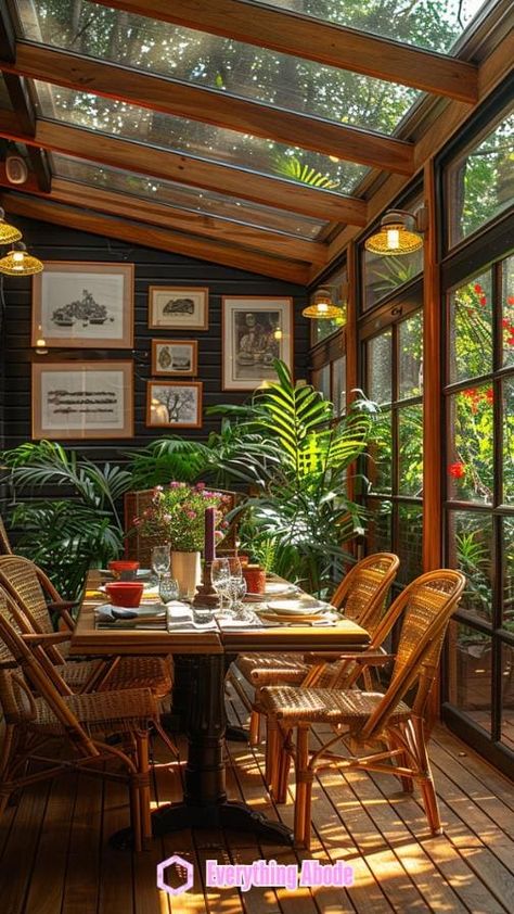 26+ Stunning Sunny Sunroom Ideas That'll Make Your Heart Swoon Wooden Conservatory Extension, Cool House Remodel Ideas, Sunroom Attached To Garage, Cabin With Sunroom, Screened In Dining Porch, Garden Room Addition, Detached Sunroom Ideas, Kitchen Sunroom Combo Farmhouse, Dining Room Greenhouse