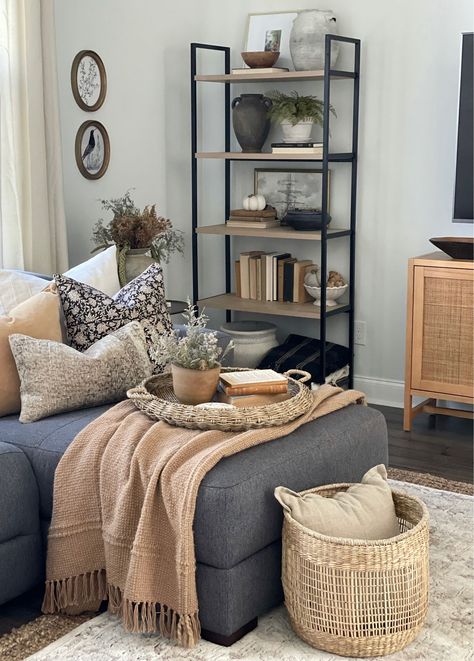 Dark Grey Couch Inspiration, Pillows Black Couch, Black Accent Color Living Rooms, Black And White With Neutrals, Gray Sectional With Accent Pillows, Area Rug With Charcoal Couch, Black Brown And Neutral Living Room, Styling Grey Couch Living Room, Black Floral Pillow