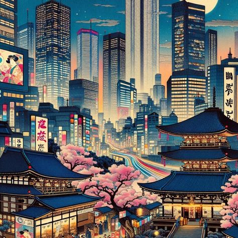 Modern City Dreams @breathtakingwallpapers #japan #ukiyoe #tokio #wallpaper #浮世絵 City Japan, Tokyo Japan Drawing, Tokyo Art Aesthetic, Japan City, Tokyo Aesthetic Wallpaper Anime, Tokyo Travel Poster, Tokyo Cityscape Illustration, Japanese Town, Tokyo City