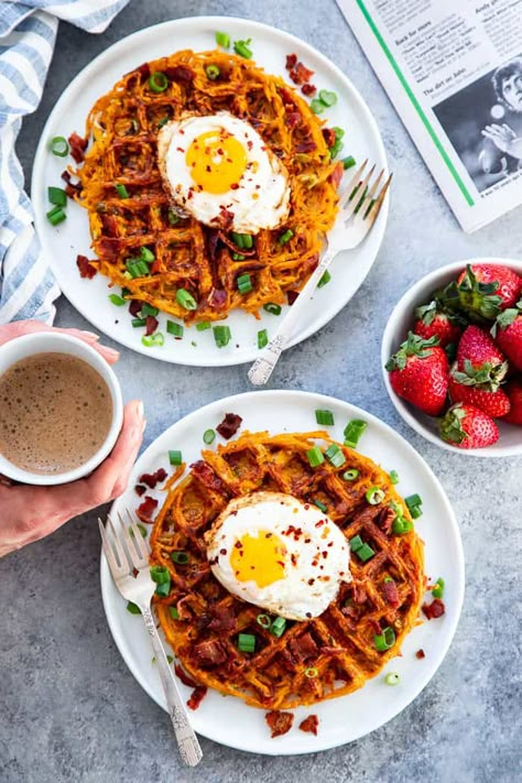 This recipe was sponsored by Jones Dairy Farm and all opinions are my own as usual. These savory bacon and sweet potato waffles are crisp on the outside, packed with tons of flavor and a Paleo Running Momma, Whole 30 Meal Plan, Potato Waffles, Sweet Potato Waffles, Savory Waffles, Sweet Potato Skins, Bacon Potato Salad, Whole 30 Breakfast, Freezer Breakfast