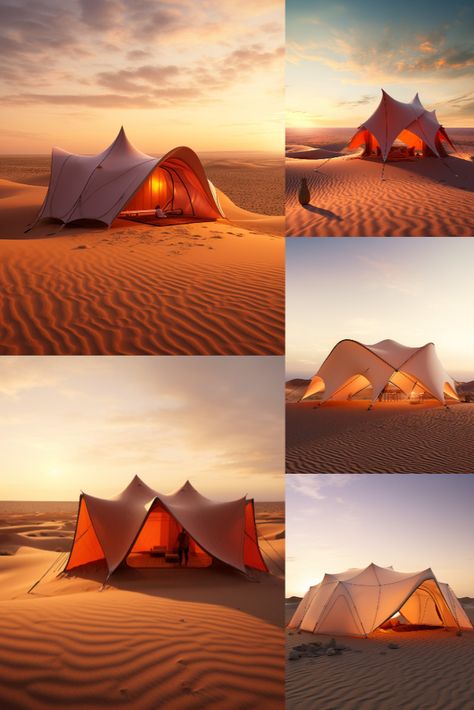 Introducing my second series of modern Bedouin tents, inspired by my Dubai experience and love for Bedouin-style aesthetics. Blending tradition with contemporary design, these tents create a luxurious ambiance for events, relaxation, and unforgettable desert moments. Immerse yourself in desert magic with a touch of elegance. #BedouinTentsDubai #ModernOasis #DesertLuxury #midjourney Modern Tent Design, Bedouin Architecture, Bedouin Aesthetic, Tent Architecture, Desert Activities, Bedouin Style, Desert Magic, Arabian Tent, Aqua Farm