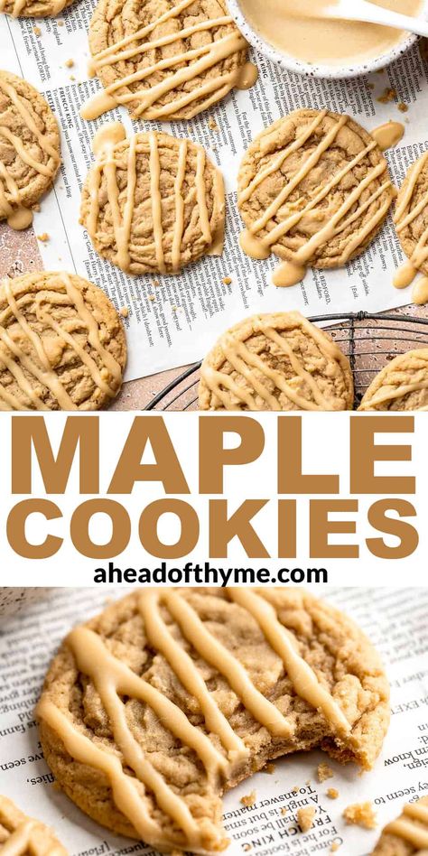 Soft, buttery and, chewy in all the right ways, these sweet Maple Cookies are about to be the only cookie you want to make during the holiday season! They're made with real maple syrup, maple extract, and a maple glaze for a potent punch of maple flavor in every bite. Plus, they require no chilling so you can bake and serve in about 30 minutes. What's not to love? | aheadofthyme.com #maplecookie #maplebrownsugarcookies #maplesyrupcookies via @aheadofthyme Peanut Butter Maple Cookies, Maple Butterscotch Cookies, Maple Extract Cookies, Easy Maple Cookies, Maple Frosting For Cookies, Everything Bagel Cookies, Maple Glaze Cookies, Maple No Bake Cookies, Maple Syrup Chocolate Chip Cookies