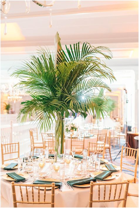 Palm Frond Centerpiece, Palm Leaf Centerpiece, Cassie Wedding, Florida Wedding Reception, Don Cesar, Gala Ideas, Tropical Wedding Flowers, Tree Centerpieces, Memorable Wedding