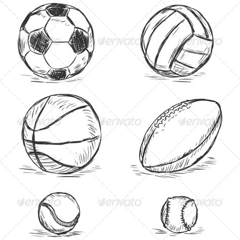 Sport Balls Volleyball Sketch, Baseball Sketch, Sport Sketch, Sport Drawing, Basketball Activities, Football Drawing, Sports Drawings, Bola Basket, Ball Drawing