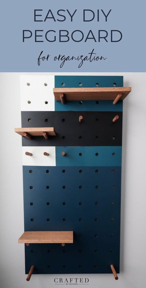 Want to add some wall organization to your craft room, office, or garage? Make this DIY pegboard! The pegboard designs gives you unlimited design and organization possibilities! Peg Board Office Ideas, Pegboard Entrance, Pegboard Coat Rack, Large Pegboard Wall, Pegboard Wall Ideas Bedroom, Pegboard Bedroom Ideas, Pegboard Painting, Pegboard Bookshelf, Peg Board Gym