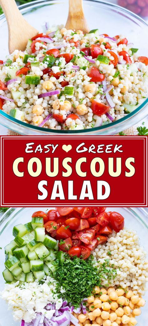 This Mediterranean Couscous Salad is full of diced cucumbers, tomatoes, feta cheese, garbanzo beans, and tossed in a healthy olive oil and lemon juice dressing.  You can easily meal prep this cold summer salad recipe ahead of time to bring to your summer picnics or as a vegetarian July 4th side dish. #couscous #salad #summer #Greek #mediterranean Couscous Recipes Mediterranean, Breakfast Couscous, Greek Couscous, Greek Couscous Salad, Mediterranean Couscous Salad, Couscous Salad Recipes, Mediterranean Couscous, Salad With Tomatoes, Salad Summer