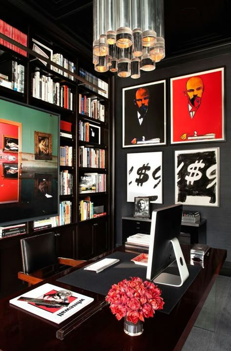 Dark masculine office with pop art Funky Home Office Design, Fly Aesthetic, Gray Interior Doors, Funky Office, Office Decor Business, Dark Office, Masculine Office, Office Vibes, Black Fly