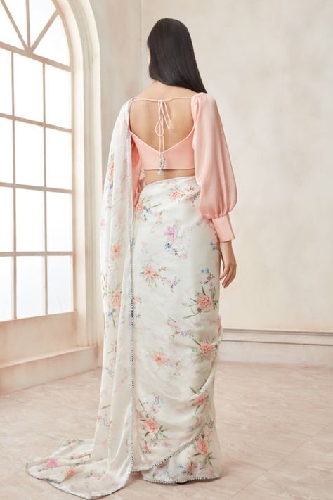 Buy LASHKARAA White Satin Georgette Floral Printed Saree With Plain Blouse Set Online | Aza Fashions Saree Jacket Designs, White Satin Blouse, Embellished Saree, Saree Jackets, Designer Sarees Wedding, Saree Wearing Styles, Floral Print Sarees, Wedding Lehenga Designs, Lehenga Designs Simple