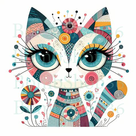 Illustrate whimsical cat art prints for children's rooms. Each piece features a playful cat in imaginative settings with bright, cheerful colors, fun details, and patterns to engage and enchant young viewers. *INCLUDED FILES* 13 high-quality digital image *Digital Pages (no physical item will be sent) JPG : 4096x 4096px (300 DPI) If you have any issues with downloading, please contact. Whimsical Cat Instant digital download Please note that these files come with a purely WHITE background and are Magical Animals Art, Whimsical Cat Art, Whimsical Art Prints, Whimsical Artwork, Cat Clipart, Whimsical Cats, Cat Artwork, Art Clipart, Cat Painting