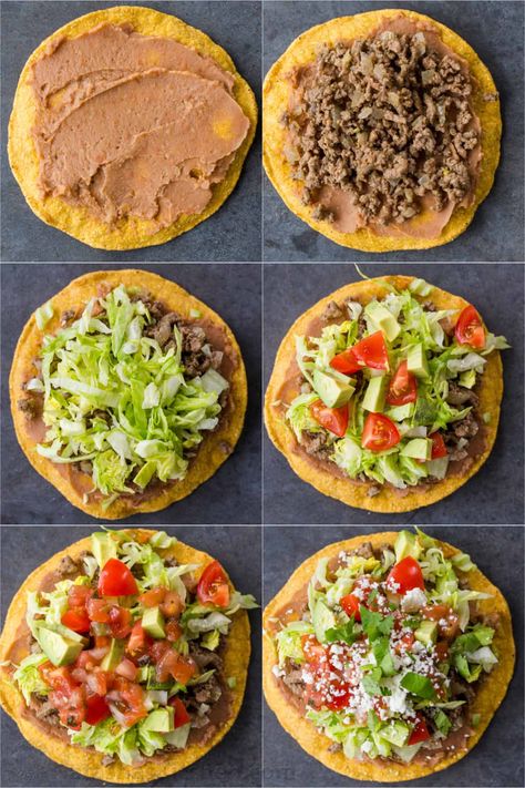 Homemade Tostadas are so satisfying and easy to make. These are loaded with refried beans, beef, and all of the best tostada toppings. Mexican Food Recipes Tostadas, Easy Tostada Recipes Simple, Refried Beans Tostadas, What To Make With Tostada Shells, Refried Beans Meal Ideas, Healthy Mexican Snacks, Refried Bean Tostadas, Side Dishes For Burritos, Refried Beans Dinner Ideas