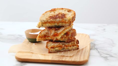 Watch: Pumpkin Grilled Cheese Grilled Cheese Recipe, Fresh Sage, Grilled Cheese Recipes, Flaky Salt, Martha Stewart Living, Slice Of Bread, Grilled Cheese, Pumpkin Puree, Martha Stewart