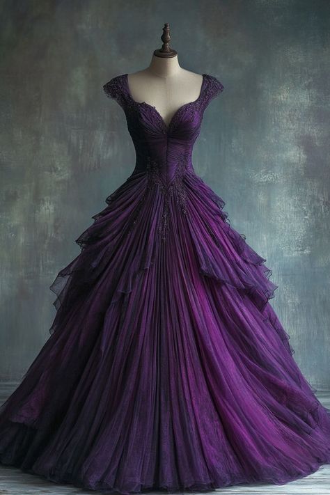 Purple Gowns Royal, Purple Ball Gown Aesthetic, Dark Purple Masquerade Dress, Midnight Purple Wedding Dress, Dark Purple Wedding Gown, Purple Prom Dress Aesthetic, Dark Purple Ball Gown, Ball Gowns Purple, Maroon Prom Dress Burgundy