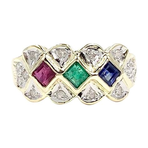 Two-Tone Gold Ruby, Sapphire and Emerald Ring Wide Gold Ring, Gold Vans, Fashion Rings Silver, Emerald Blue, Mabe Pearl, Ruby Emerald, Ruby Sapphire, Yellow Sapphire, Emerald Diamond