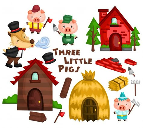 Conjunto de vectores de tres cerditos Vector Premium Three Little Pigs Story, Three Little Pig, Wolf Clipart, Pig Clipart, Pig Png, The Three Little Pigs, Three Little Pigs, Mia 3, Cute Clipart