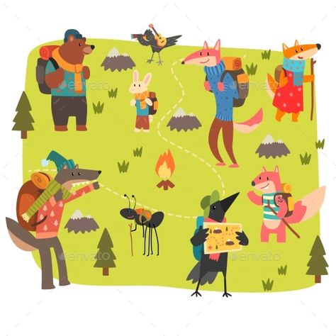 Travel Vector, Animal Tumblr, Animal Art Projects, Cartoon Drawings Of Animals, Culture Day, Animals And Birds, Camping Set, Hiking Adventure, Funny Drawings