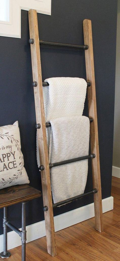 Furniture Nursery, Wood Blanket Ladder, Industrial Decor Living Room, Industrial Decor Bedroom, Industrial Decor Kitchen, Industrial Farmhouse Decor, Industrial Windows, Diy Blanket Ladder, Farmhouse Industrial