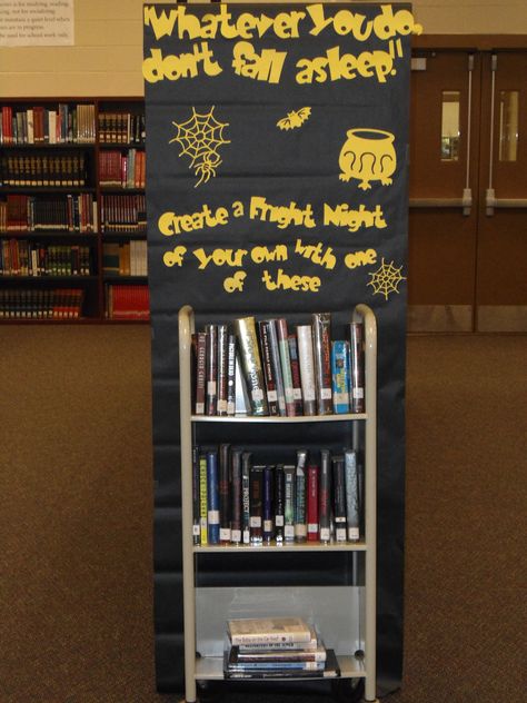 Library Media Center Bulletin Board:  Create your own fright night display - scary books (this has been the smallest, yet most successful of all of my displays so far!)  Pope HS 2012 Halloween Library, Reading Display, Bullentin Boards, Library Media Center, Library Bulletin Boards, Book Displays, Scary Books, Library Display, Bulletin Board Display