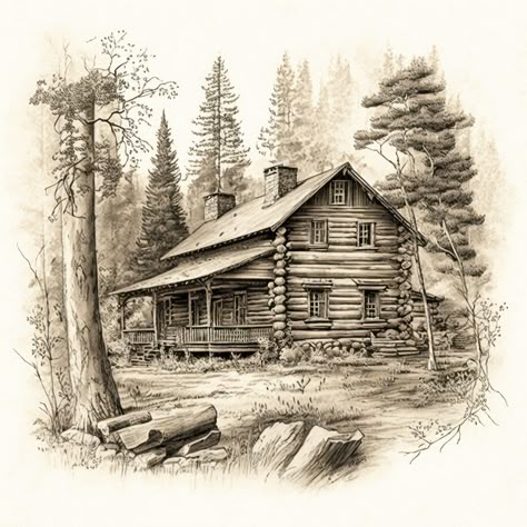 Cabin In The Woods Architecture, Easy Paintings With Pencil, Old Cabins In The Woods Rustic, Log Cabin Sketch, Cabin In Woods Drawing, Cabin In The Woods Tattoo, Cabin In The Woods Drawing, Rustic Drawings, Log Cabin Drawing