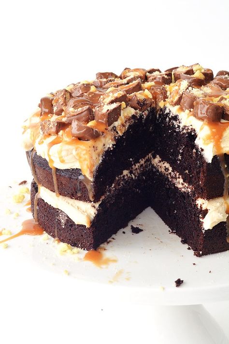 Twix Chocolate Layer Cake Twix Cake, Chocolate Dessert Bar, Twix Chocolate, Twix Bars, Bar Desserts, Caramel Frosting, Chocolate Layer Cake, Salted Caramel Sauce, Chocolate Caramels